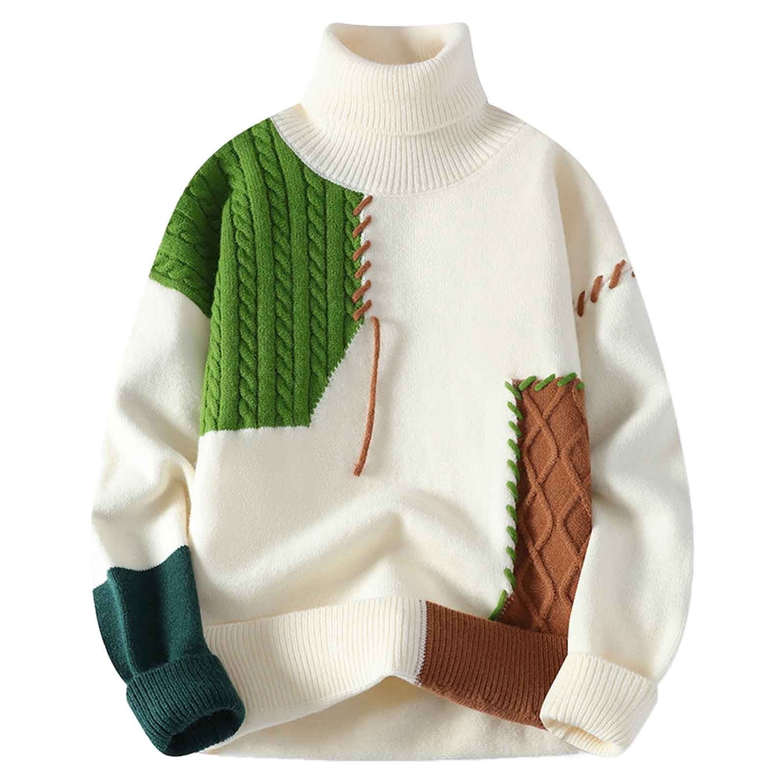 Mens Clashing Colour Patchwork Knitted Sweater Crew Neck Line