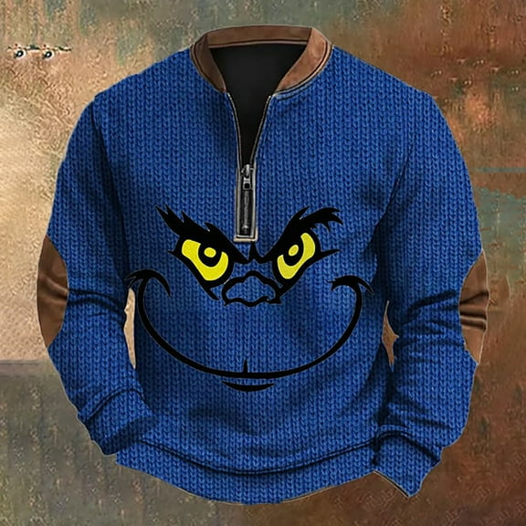 Mens Christmas Sweater Zip Up Sweatshirts Vintage Knit Graphic Sweatshirt Xmas Stand Collar Pullover 01-Blue XXL