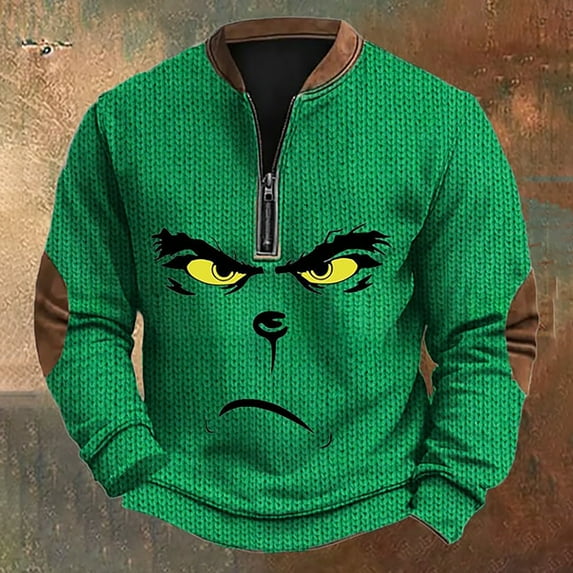 Mens Christmas Sweater Zip Up Sweatshirts Vintage Knit Graphic Sweatshirt Xmas Stand Collar Pullover 04-Green XXL