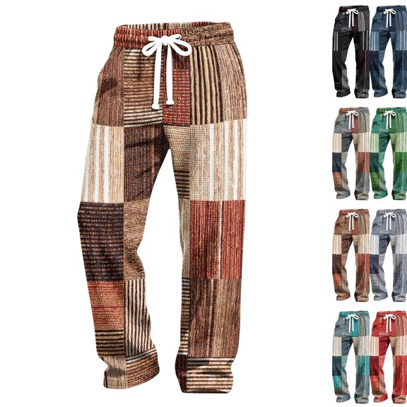 Mens Christmas Sweatpant Patchwork Festive Printed Waffle Pants Patchwork Breathable Adjustable Drawstring Lounge Pants for Xmas Family Hoilday