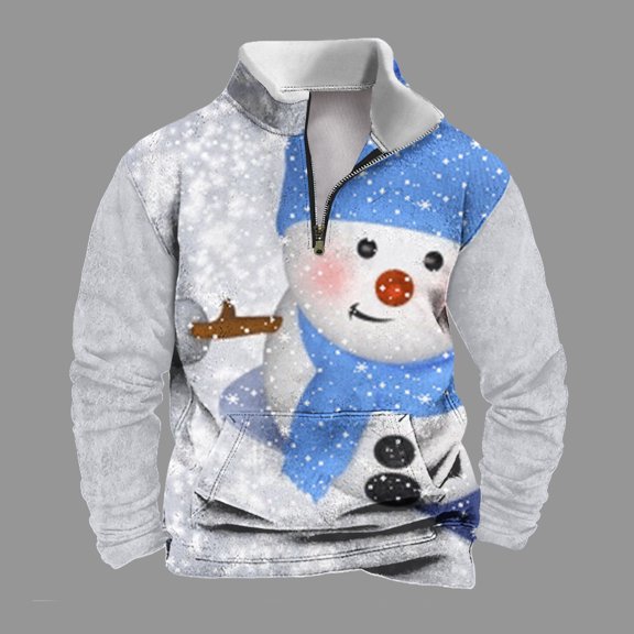 Mens Christmas Sweatshirt 2024 Winter Warm Casual Graphic Long Sleeve Zipper Vintage Pullover Stand Collar Sweater Gray XL