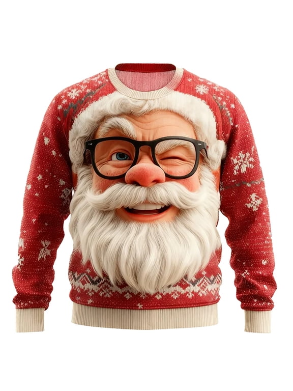 Mens Christmas Sweatshirt Crew Neck Santa Winking Face Graphic Snowflake Long Sleeve Ribbed Cuffs Loose Pullover Tops 3XL