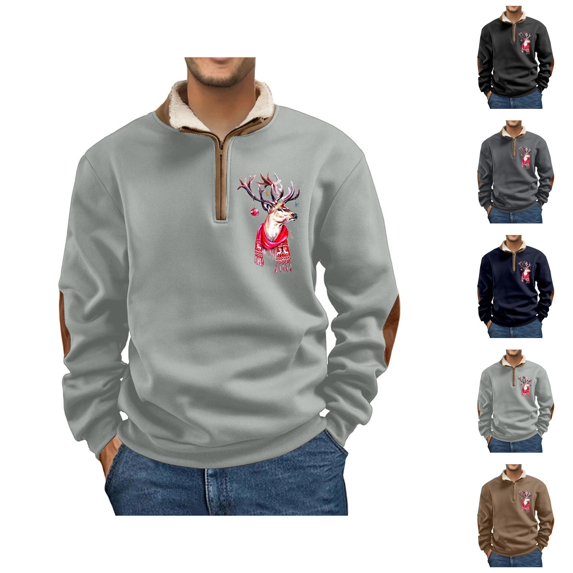 Mens Christmas Sweatshirt Long Sleeve Elbow Patches Loose Casual Reindeer Print Stand Collar Quarter Zip Pullover
