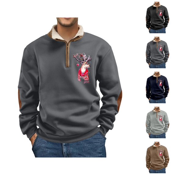 Mens Christmas Sweatshirt Long Sleeve Elbow Patches Loose Casual Reindeer Print Stand Collar Quarter Zip Pullover