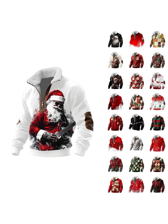 Mens Christmas Sweatshirt Long Sleeve Elbow Patches Loose Casual Xmas Festive Print Half Zip Pullover Sweatshirts