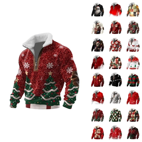 Mens Christmas Sweatshirt Long Sleeve Elbow Patches Loose Casual Xmas Festive Print Half Zip Pullover Sweatshirts