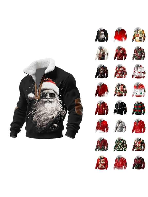 Mens Christmas Sweatshirt Long Sleeve Elbow Patches Loose Casual Xmas Festive Print Half Zip Pullover Sweatshirts