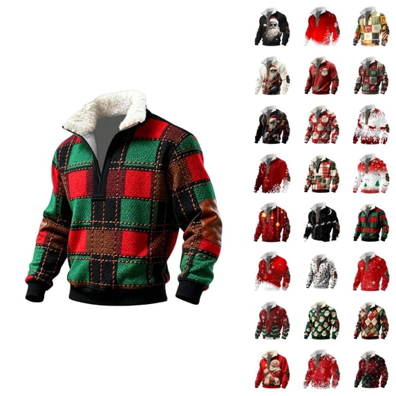 Mens Christmas Sweatshirt Long Sleeve Elbow Patches Loose Casual Xmas Festive Print Half Zip Pullover Sweatshirts