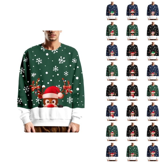 Mens Christmas Sweatshirt Long Sleeve Loose Casual Crewneck Reindeer and Snowflake Graphic Sweatshirts Pullover Tops