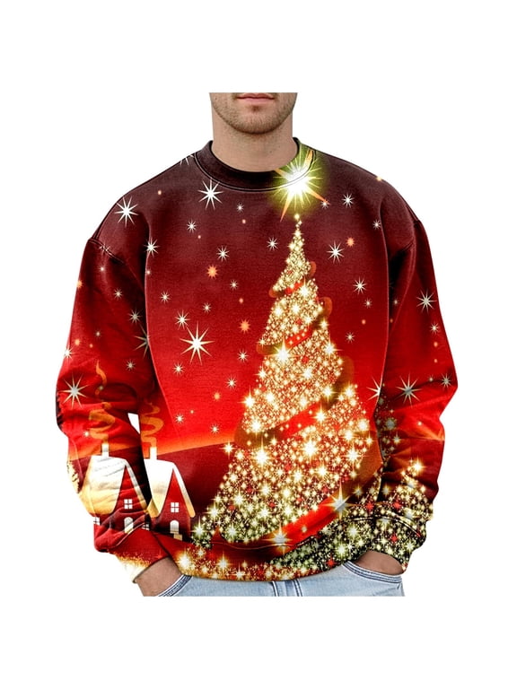 Mens Christmas Sweatshirts Fall Tops Crew Neck Loose Fit Logo Print Hop Fashion Holiday Mens Warm Clothing,Red,L