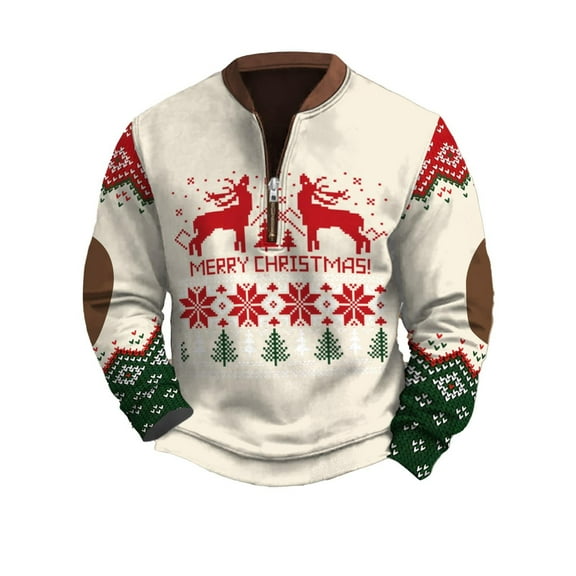 Mens Christmas Sweatshirts Fall Tops Half Zip Oversizedcrew Neck Tree Reindeer Printed Mens Sweaters,Red,2XL
