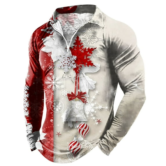 Mens Christmas Sweatshirts Zipper Lapel Long Sleeve Christmas Full Print Mens Summer Clothing,White,2XL