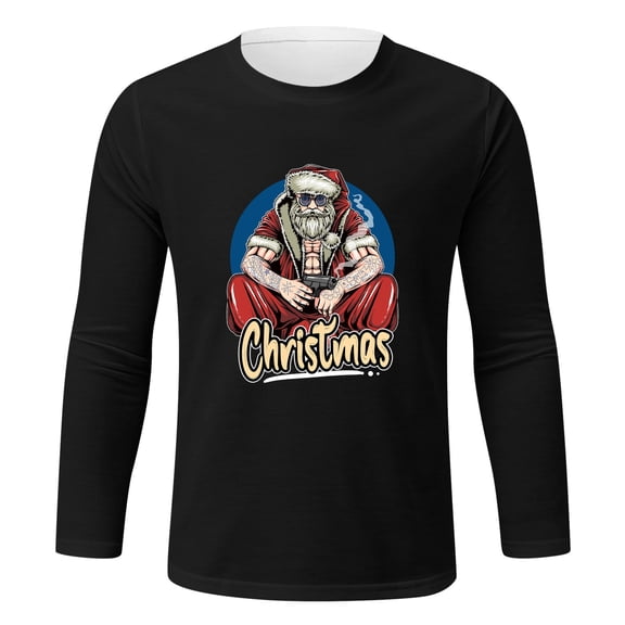 Mens Christmas T Shirt Long Sleeve Christmas Santa Clause Crewneck Mens Casual Clothing,Black,XL