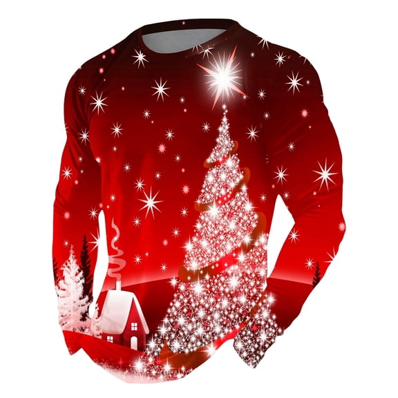 Mens Christmas T Shirts Long Sleeve Christmas Tree Star Graphic Pajamas Tee Crew Neck Slim Fit Big And Tall Holiday Family Xmas Party Men T Shirts ZE Red XXXXL