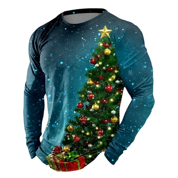 Mens Christmas T Shirts Long Sleeve Classic Christmas Tree Graphic Pajamas Tee Crew Neck Casual Funny Winter Holiday Family Xmas Gift Men T Shirts Navy XXXL