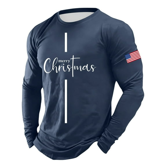 Mens Christmas T Shirts Long Sleeve Flag Letter Print Pajamas Tee Crew Neck Casual Slim Fit Family Xmas Gift Men T Shirts Navy L