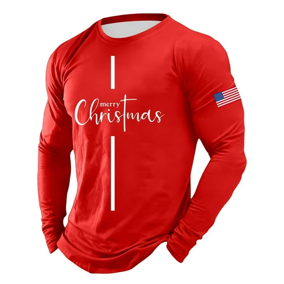 Mens Christmas T Shirts Long Sleeve Flag Letter Print Pajamas Tee Crew Neck Casual Slim Fit Family Xmas Gift Men T Shirts Red L