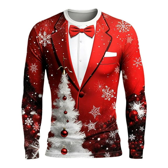 Mens Christmas T Shirts Long Sleeve Funny 3D Graphic Party Cosplay Costume Crew Neck Casual Cozy Family Xmas Gift Mens T-Shirts Wine XXL