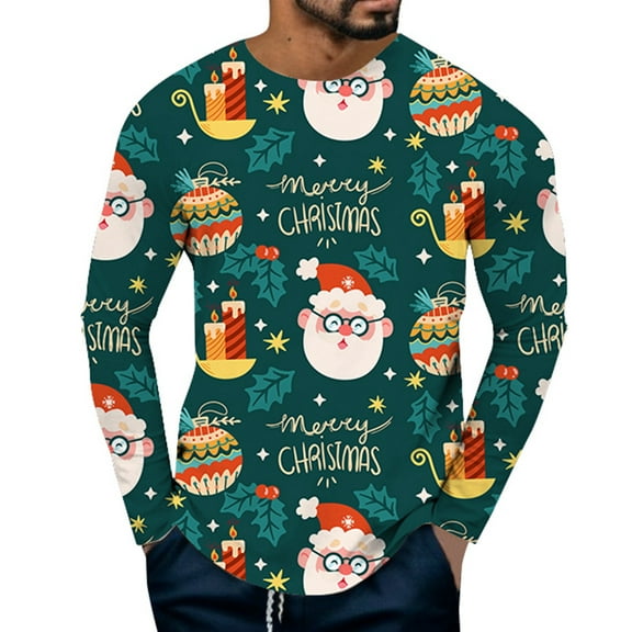 Mens Christmas T Shirts Long Sleeve Merry Christmas Graphic Pajamas Tee Crew Neck Casual Slim Fit Family Xmas Gift Mens Shirts Navy XXXXL