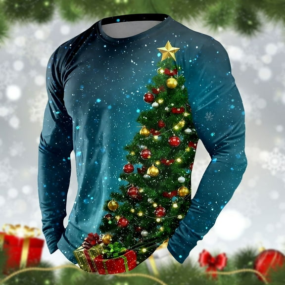 Mens Christmas T Shirts Long Sleeve Star Christmas Tree Graphic Pajamas Tee Crew Neck Slim Fit Casual Fall Winter Family Xmas Gift Men T Shirts Navy S