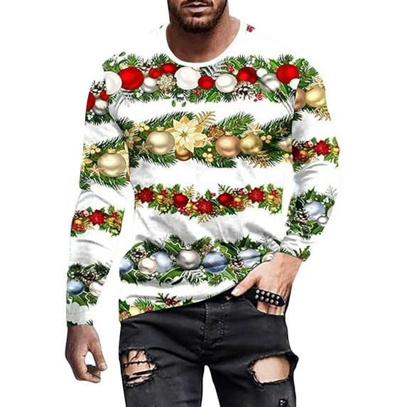 Mens Christmas T Shirts Long Sleeve Vintage Snowflake Graphic Pajamas Tee Basic Crew Neck Casual Slim Fit Fall Winter Family Xmas Gift Men T Shirts White XXXL