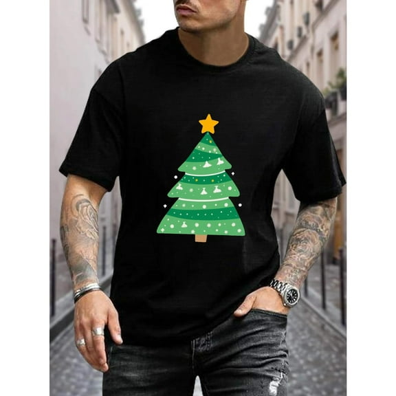 Mens Christmas Tree Tee Holiday Print Design T Shirt Casual Short Sleeve Graphic Tees Summer Top Black S-5XL