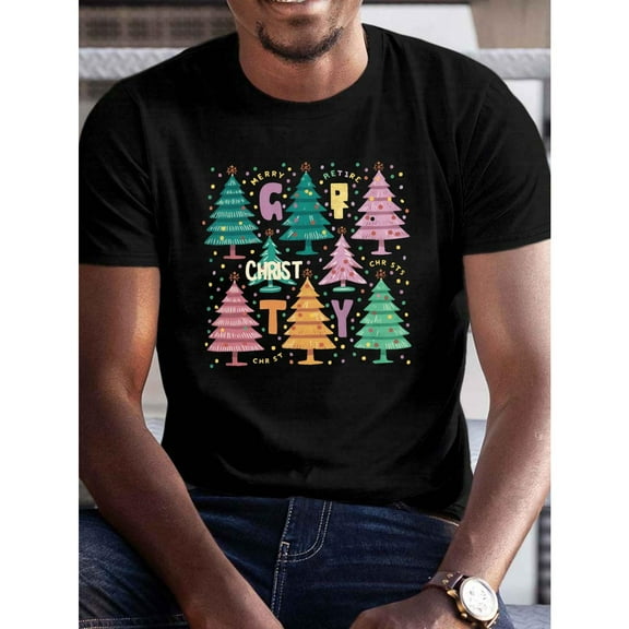 Mens Christmas Tree Tee Merry Holiday Graphic T Shirt Casual Short Sleeve Comfort Top Soft Cotton Black S-5XL