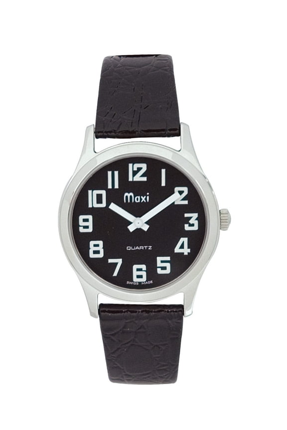 Mens Chrome Low Vision Watch, Black Face, Leather Band