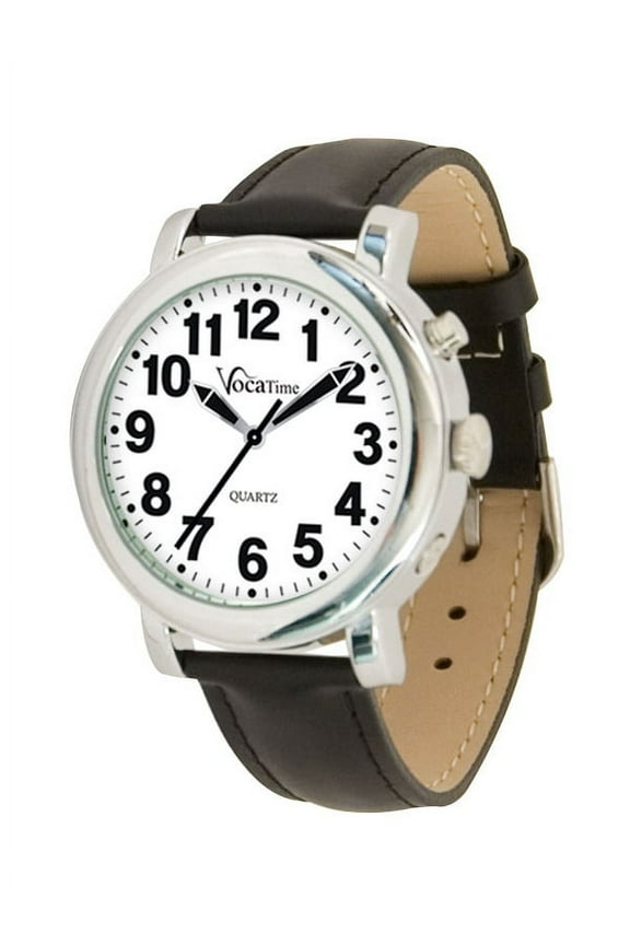 Mens Chrome Talking Watch - Black Leather Band