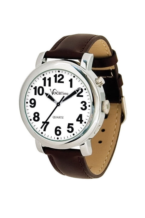 Mens Chrome Talking Watch - Brown Leather Band