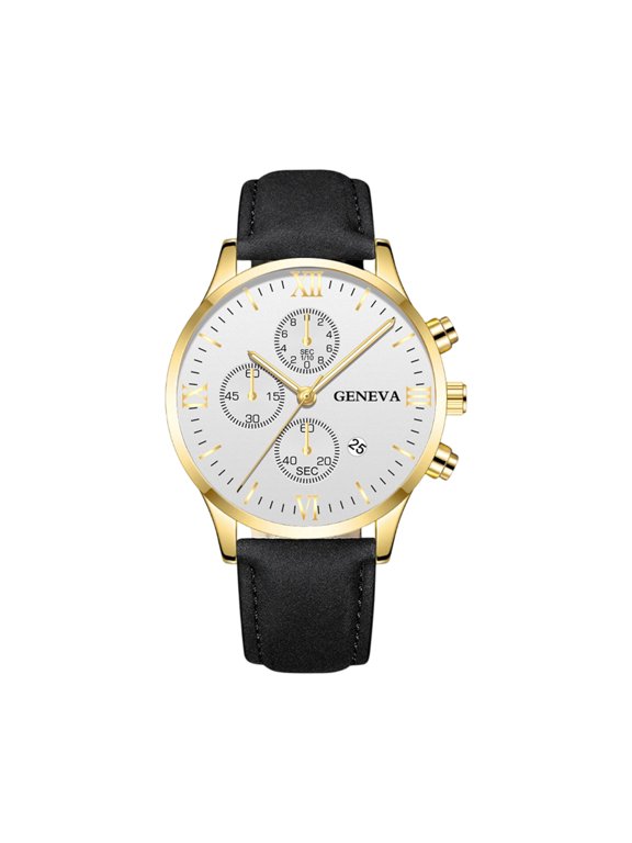 Mens Chronograph Quartz Dress Watch Roman Numeral Round Dial Watches with Date Window Slim 8.5mm Alloy Case Adjustable PU Leather Strap Business Casual Wristwatch