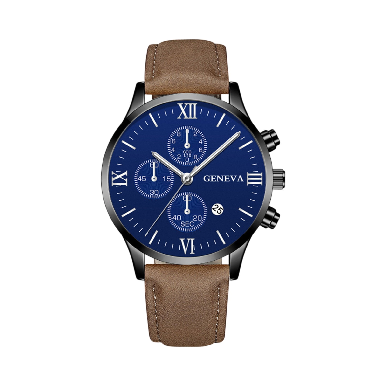 mens leather dress watch Chronograph Quartz Roman Numeral Round Dial Watches with Date Window Slim 8.5mm Alloy Case Adjustable PU Strap Business Casual Wristwatch colour-Black