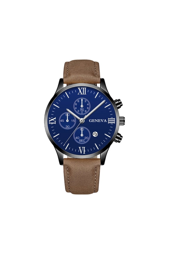 Mens Chronograph Quartz Dress Watch Roman Numeral Round Dial Watches with Date Window Slim 8.5mm Alloy Case Adjustable PU Leather Strap Business Casual Wristwatch