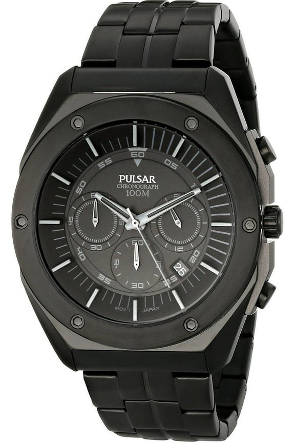 Mens Chronograph Stainless Watch - Black Bracelet - Black Dial - PT3521