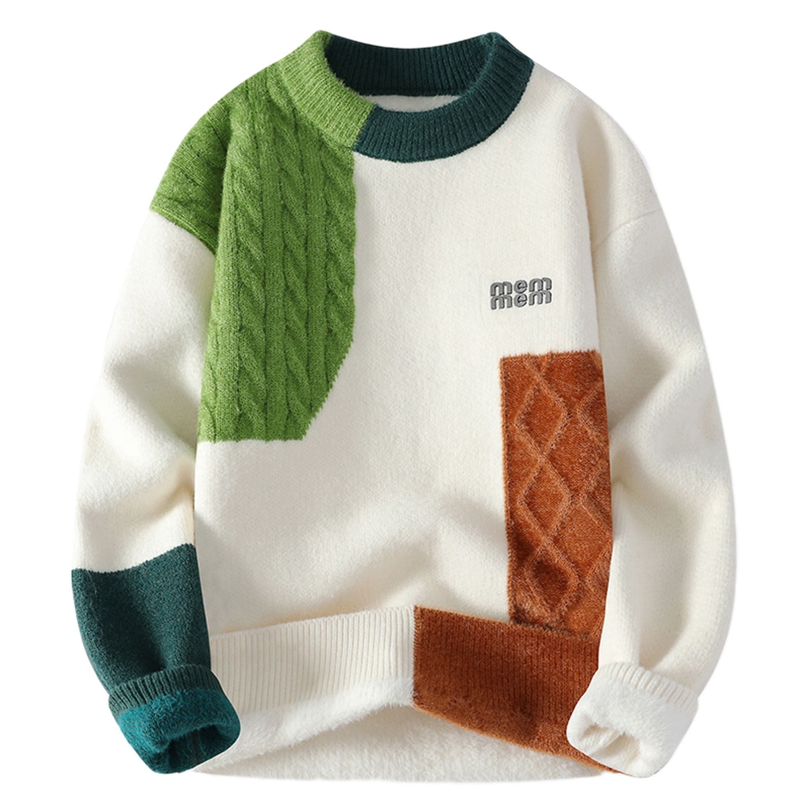 Mens Clashing Colour Patchwork Knitted Sweater Crew Neck Line