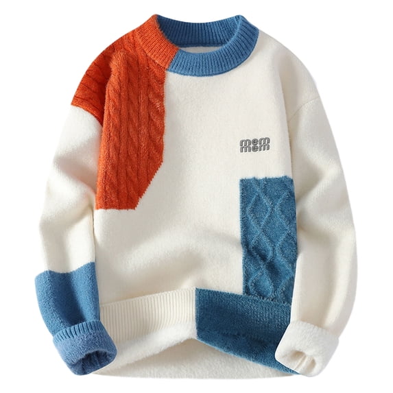 Mens Clashing Colour Patchwork Knitted Sweater Crew Neck Line Design Sweater Oversized Long Sleeve Pullover Sweater, Orange, XXXL