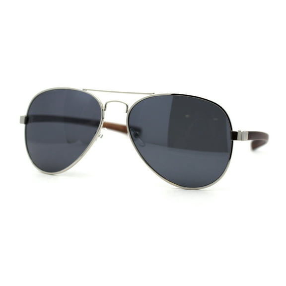 Mens Classic Airforce Woodgrain Wrap Arm Metal Aviator Sunglasses Silver Black