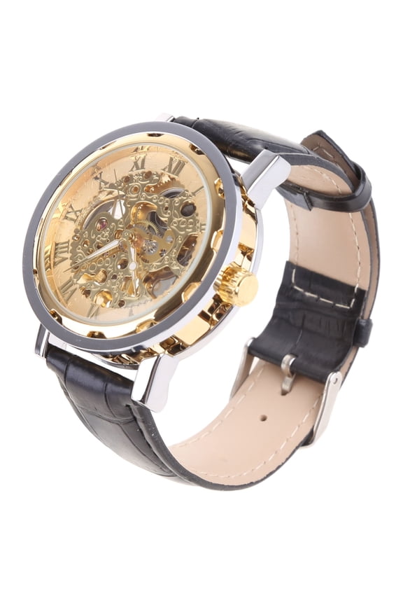 Mens Classic Black1eatherGold Dial Skeleton Mechanical Army Sport Wrist Watch