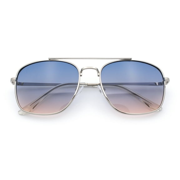 Mens Classic Double Bridge Rectangular Metal Rim Mobster Sunglasses Silver - Blue Pink
