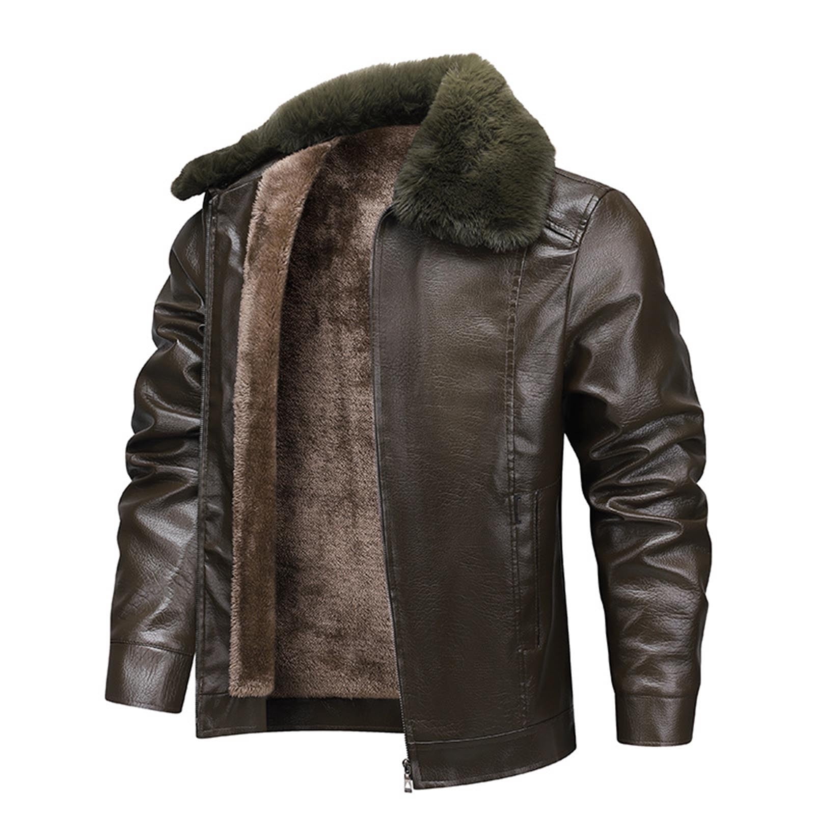 Mens Classic Faux Leather Jacket Detachable Fur Collar Vintage