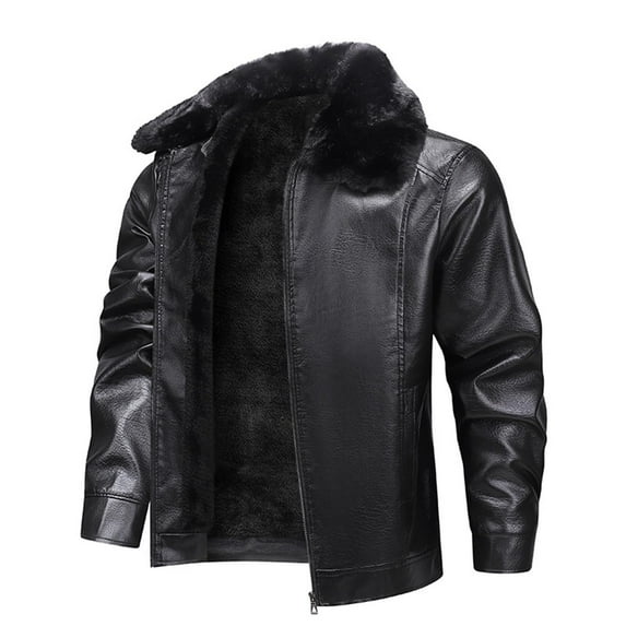 Mens Classic Faux Leather Jacket Detachable Fur Collar Vintage Leather Coat Warm Fleece Lined Jackets