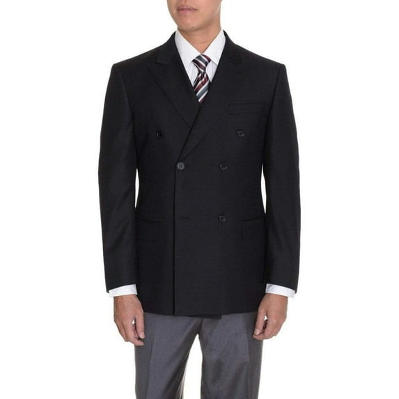 Mens Classic Fit Solid Black Double Breasted Wool Blazer Sportcoat