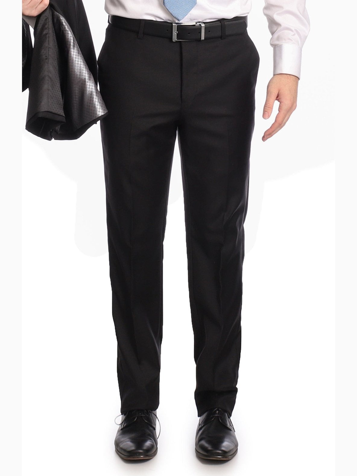 Mens Classic Fit Solid Black Flat Front Wool Dress Pants