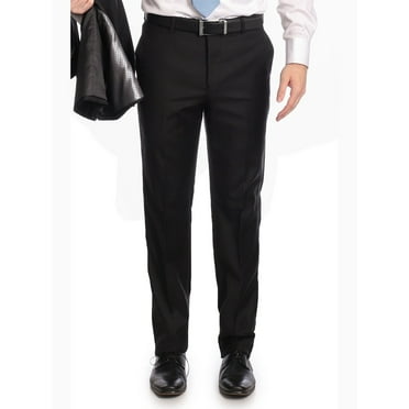 Mens Classic Fit Solid Black Flat Front Wool Dress Pants