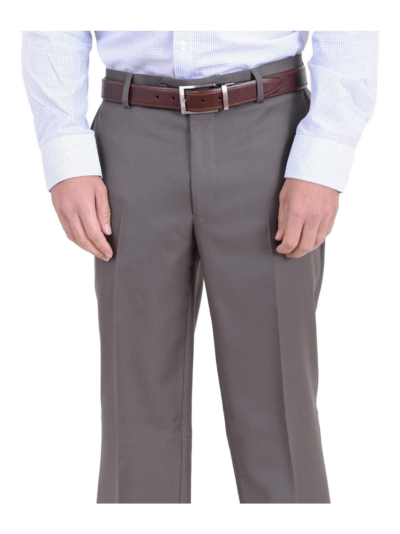 Mens Classic Fit Solid Olive Green Flat Front Wool Dress Pants ...