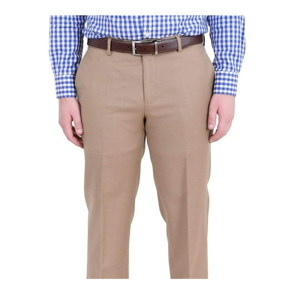 Mens Classic Fit Solid Tan Flat Front Wool Dress Pants