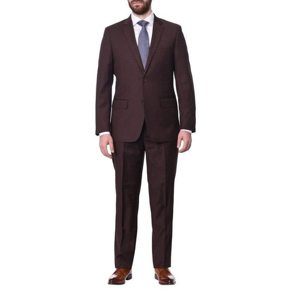 Mens Classic Fit Two Button 100% Wool Wrinkle Resistant Suit - Solid Brown