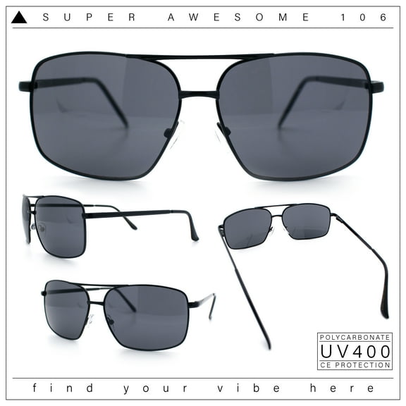 Mens Classic Iconic Rectangle Metal Rim Officer Agent Spring Hinge Sunglasses All Black