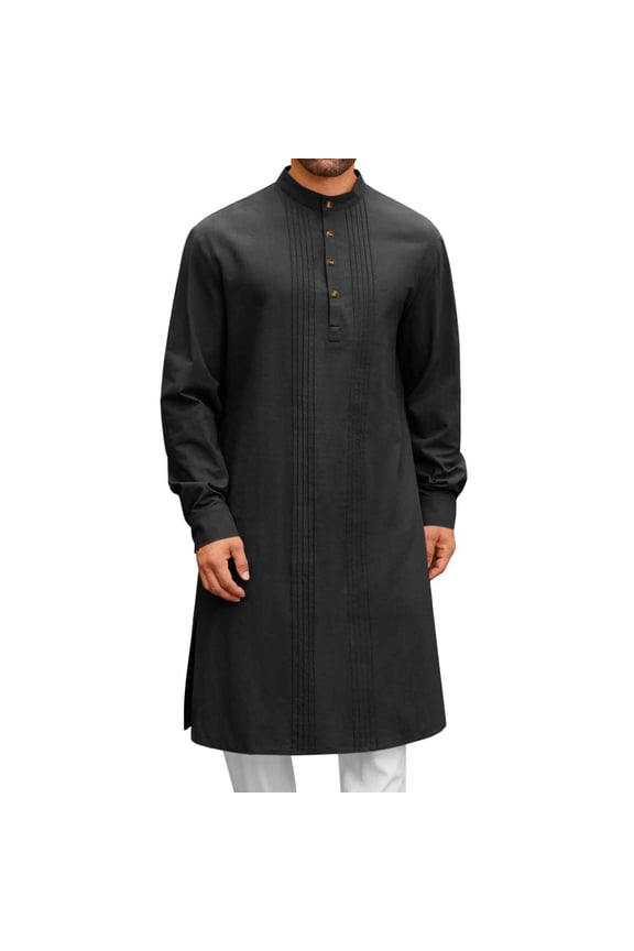 Mens Classic Kaftan Thobe Button Down Casual Henley Shirts Long Sleeve Robe Linen Muslim Gown Shirt with Side Slit