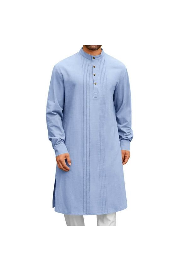 Mens Classic Kaftan Thobe Button Down Casual Henley Shirts Long Sleeve Robe Linen Muslim Gown Shirt with Side Slit